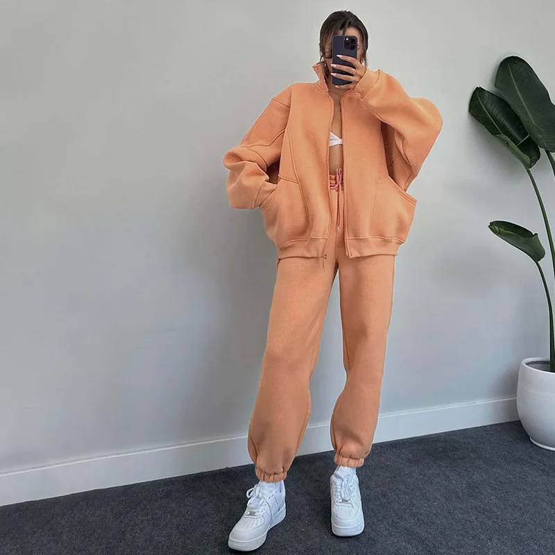 Solid Color Suit Sports Style Autumn 2025 Winter Jacket And Trousers Two-piece Set Pantolon Setleri Women Two Piece Knitwear Set
