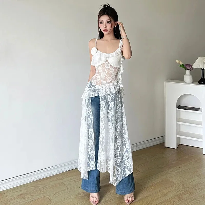 ชุดสตรีลูกไม้Patchwork SHEER Camisชุดภาษาฝรั่งเศสคําไม่สม่ําเสมอเซ็กซี่ชุดแฟชั่นStreetwear Hollow OUT Rufflesชุด 2025 ใหม่