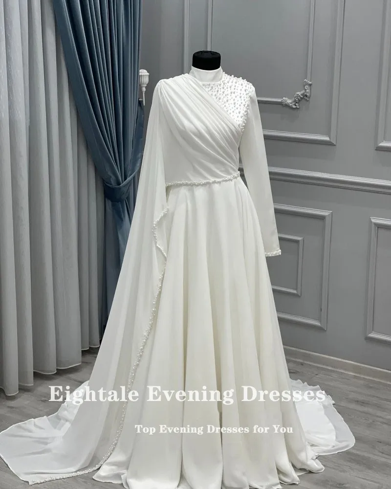Eightale คําชุดแต่งงานคอลูกปัดแขนยาวที่กําหนดเอง A-Line ชีฟองมุสลิมชุดเจ้าสาว Vestido De Noiva