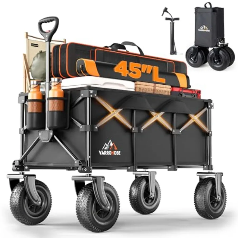 

Beach Wagon for sand rubber wheels black 400lbs heavy-duty collapsible utility wagon with 220L capacity and all-terrain mobilit