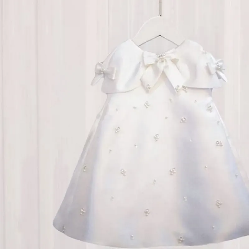 Baby Girl Princess Dress Handmade Pearl Diamond Sleeveless Child Vestido Bow Party Wedding Pageant Birthday Baby Clothes 1-14Y