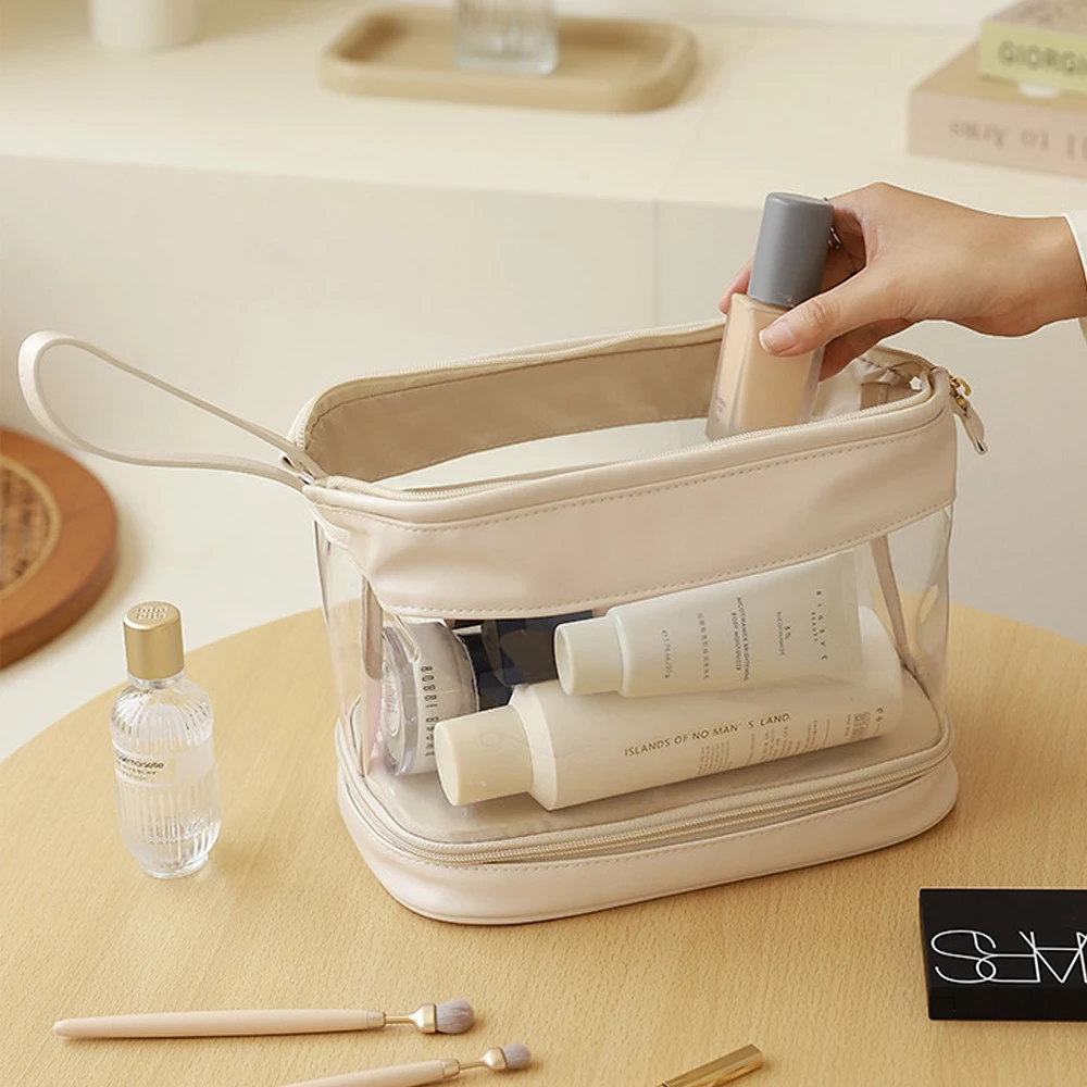 حقيبة مكياج PVC شفافة بطبقة مزدوجة، سعة كبيرة، منظم للسفر من البولي يوريثان، حقيبة مستحضرات التجميل المقاومة للماء، حقيبة أدوات الزينة المحمولة للنساء