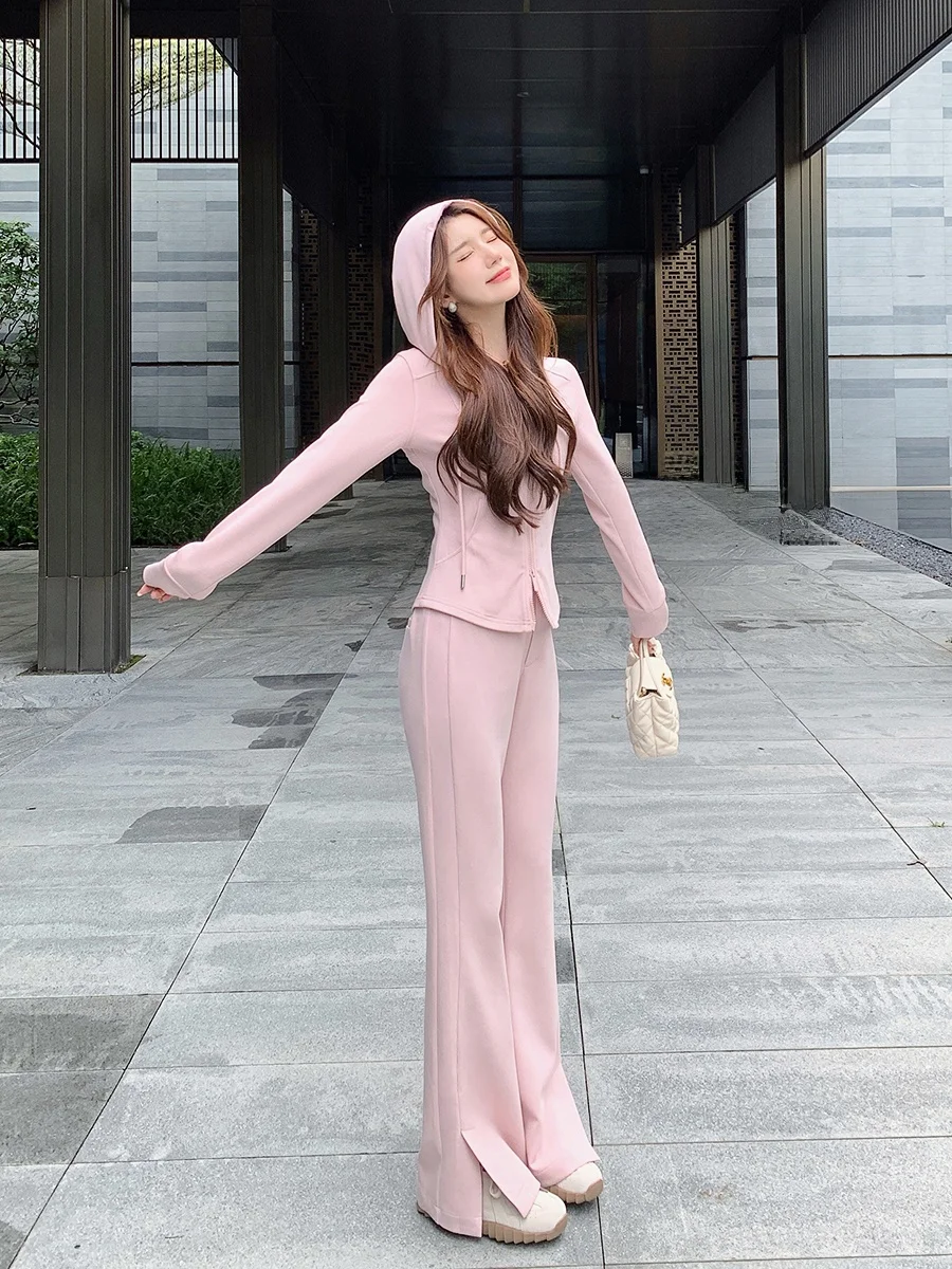 

Ms.Daoge, повседневный розовый комплект с длинными светами, женская осенняя спортивная одежда, широкие брюки, модная одежда из двух предметов и сли