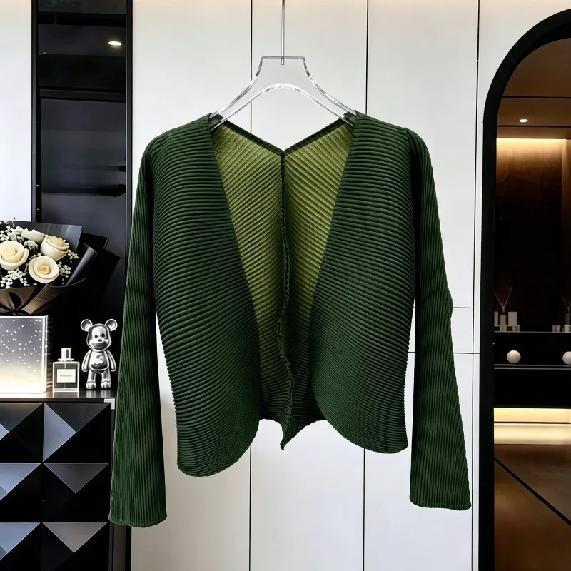 Miyake Pleated Shell Cardigan 2026 Autumn New Simple Casual Long Sleeve V-neck Top Women's Gentle Elegant Solid Color Coat Shawl