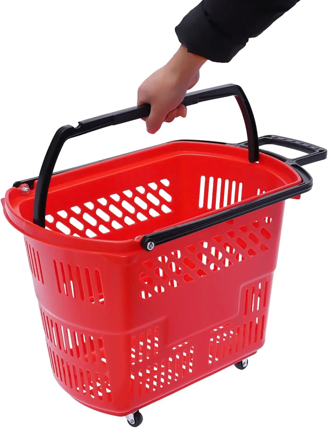 Shopping Carts 35 L Shopping Baskets with Handles, Red Plastic Rolling Shopping Basket with Wheels, Portable Store Baskets Retai