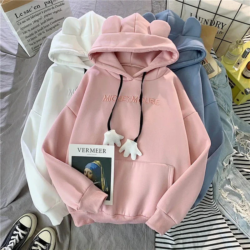 

Autumn Winter Sweatshirt Korean Oversized Hoodies Cute Bear Ears Letter Long Sleeve Sweatshirt Fleece Thick Pullover Tops Femmes