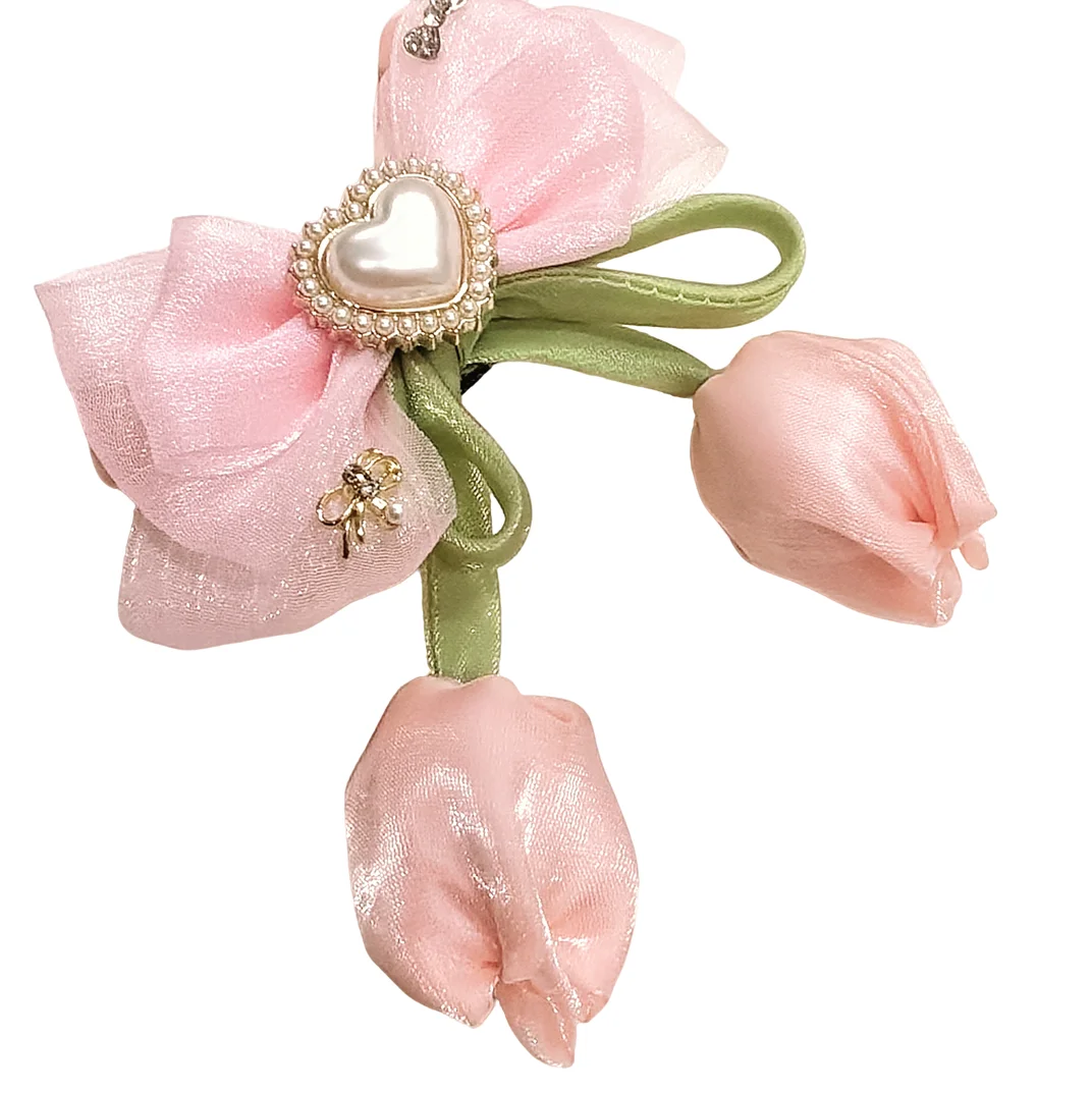 2Pieces, 4-inch Light Pink Simulated Pearl Ribbon Bow Brooch with Tulip Flower for Bag/Home Decoration,
