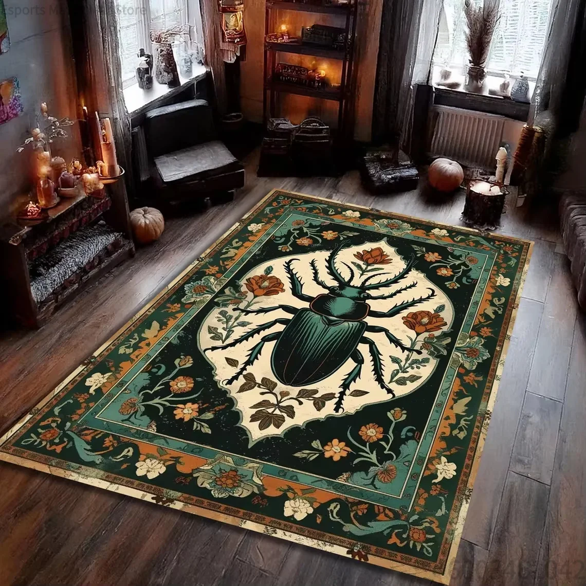 Vintage Stag Beetle Rug, Gothic Insect Carpet with Botanical Carpet,   Persian Style Bug