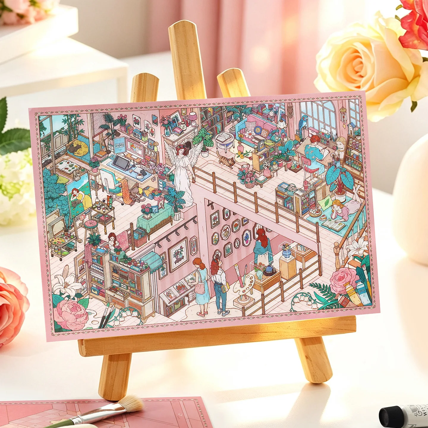 Pink Double-Story Art Studio Miniature Scene Stickers Set, DIY Create Your Own Dollhouse Room Diorama Stickers, Artist Workshop