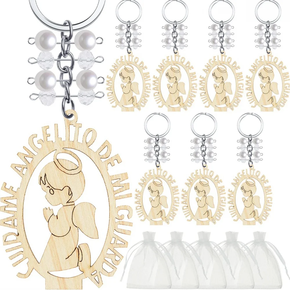 Baptism Souvenirs First Communion Favor for Boys or Girls Keychain Wooden Key Rings Christening Favor with Organza Bag