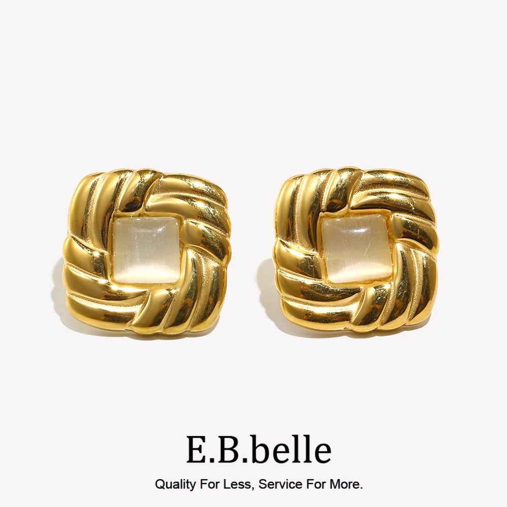 E.B.belle New Vintage Style Square Cat Eye Stone Stud Earring 18K Gold Plated Stainless Steel Fashion Women Chic Jewelry