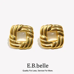 E.B.belle New Vintage Style Square Cat Eye Stone Stud Earring 18K Gold Plated Stainless Steel Fashion Women Chic Jewelry