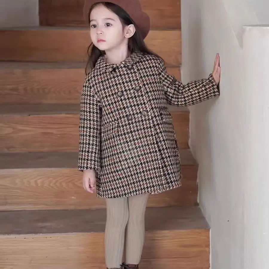 

Autumn and Winter Girls Plaid Woolen Coat Fashion 2025 New Style Children's Mid Length Jacket 80-130CM
