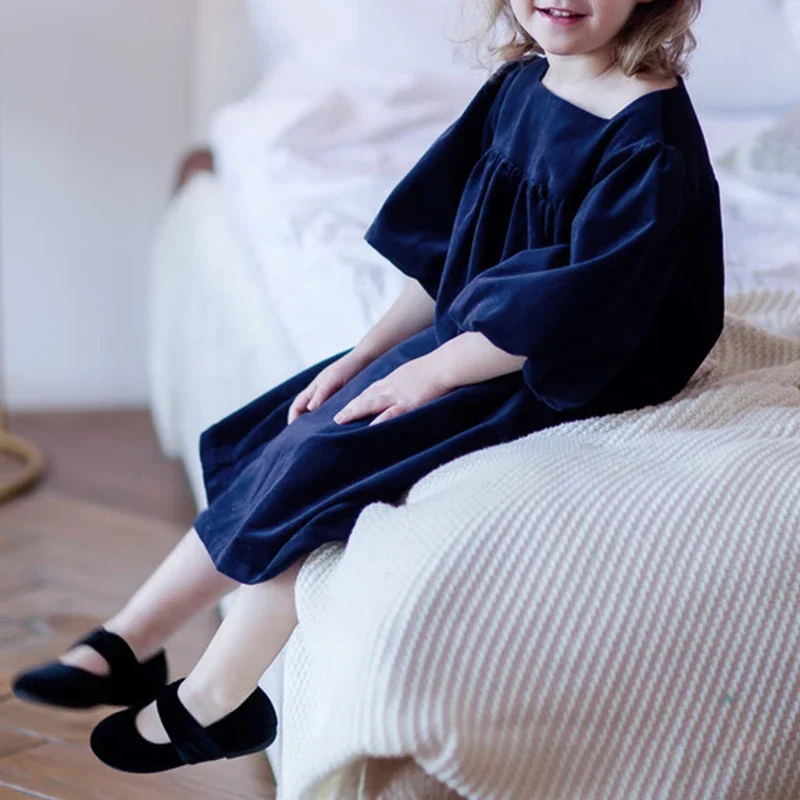 Girls Velvet Dress With Gorgeous Sleeves Chic Sapphire Blue Christmas Party Vintage Dresses Children's 2024 Autumn Clothes