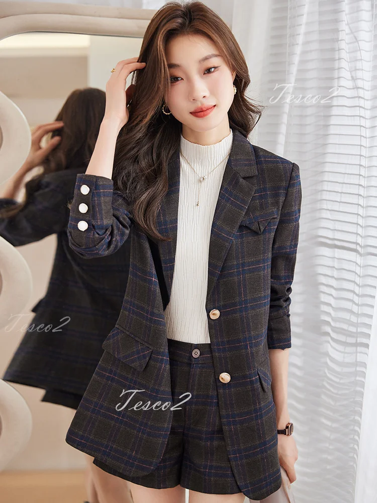 Tesco Fashion Plaid Women\'s Suit Blazer Spring Short Pants 2 Piece Casual Outfits For Prom Party England Style Pantsuit