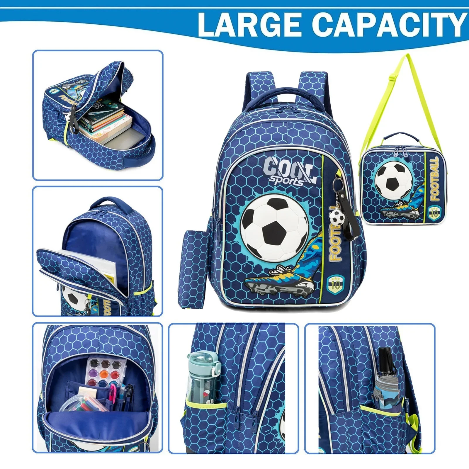 3PCS School Backpack for Boys Durable Elementary Student Backpack Large Capacity Bookbag Lightweight Mochila Back to School Bag