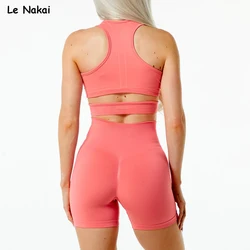 2pc Summer Yoga Set for Women Workout Gym Suit Seamless Workout Clothing Scrunch Butt Shorts Set Fitness Yoga Crop Top Active