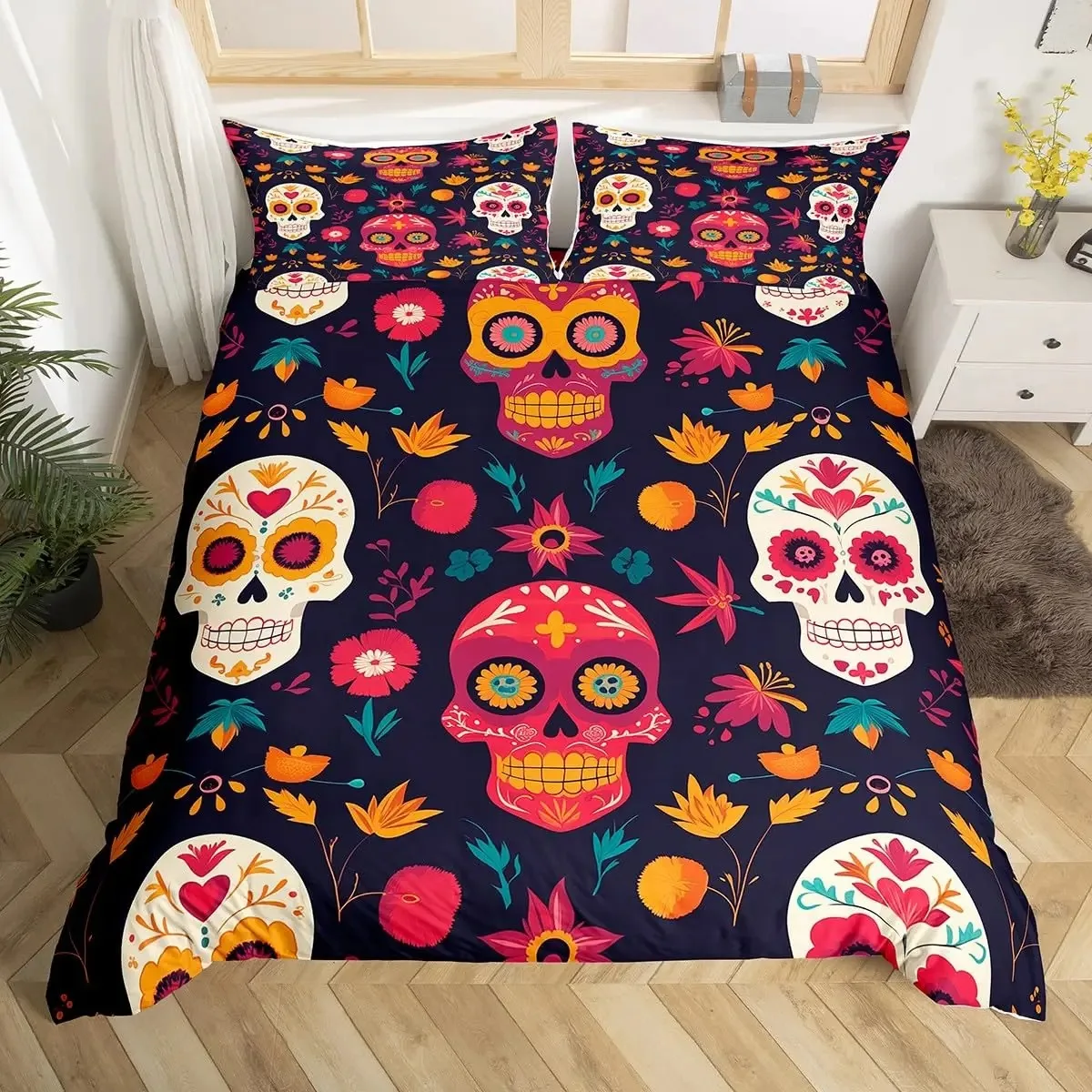 New Sugar Skull Duvet Cover Colorful Vintage Floral Bedding Set Hippie Mexico Style Comforter Cover Gothic Skeleton Quilt Cover