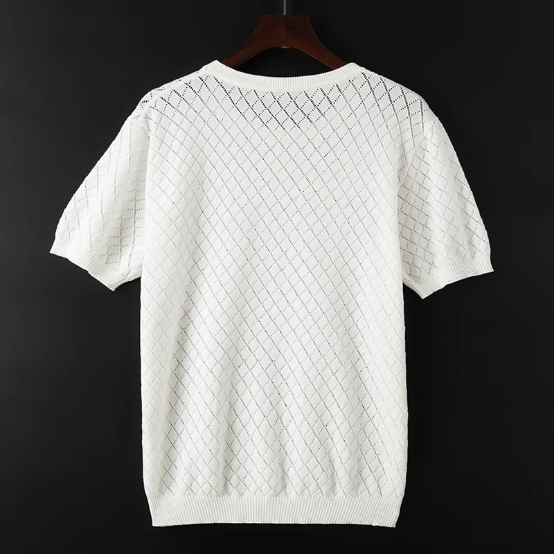 Men Knitwear 100% Cotton Sweater Pullover O-Neck T-shirt Short sleeve Hollow Out Breathable Comfortable High-Quality Lattice