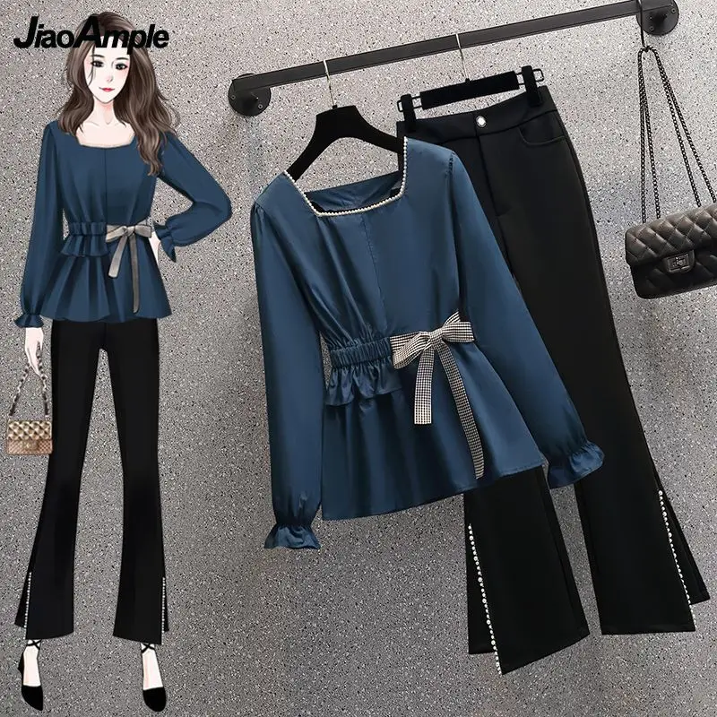 

Women's Spring Fall Fashion Bowknot Shirt Flare Long Pants 1 or Two Piece Set Korean Lady Graceful Square Collar Tops Trousers