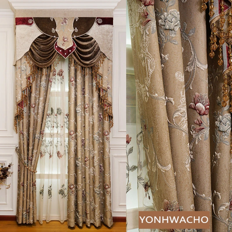 

Custom living room bedroom retro shading high precision relief coffee cloth blackout curtain tulle valance drape C1603