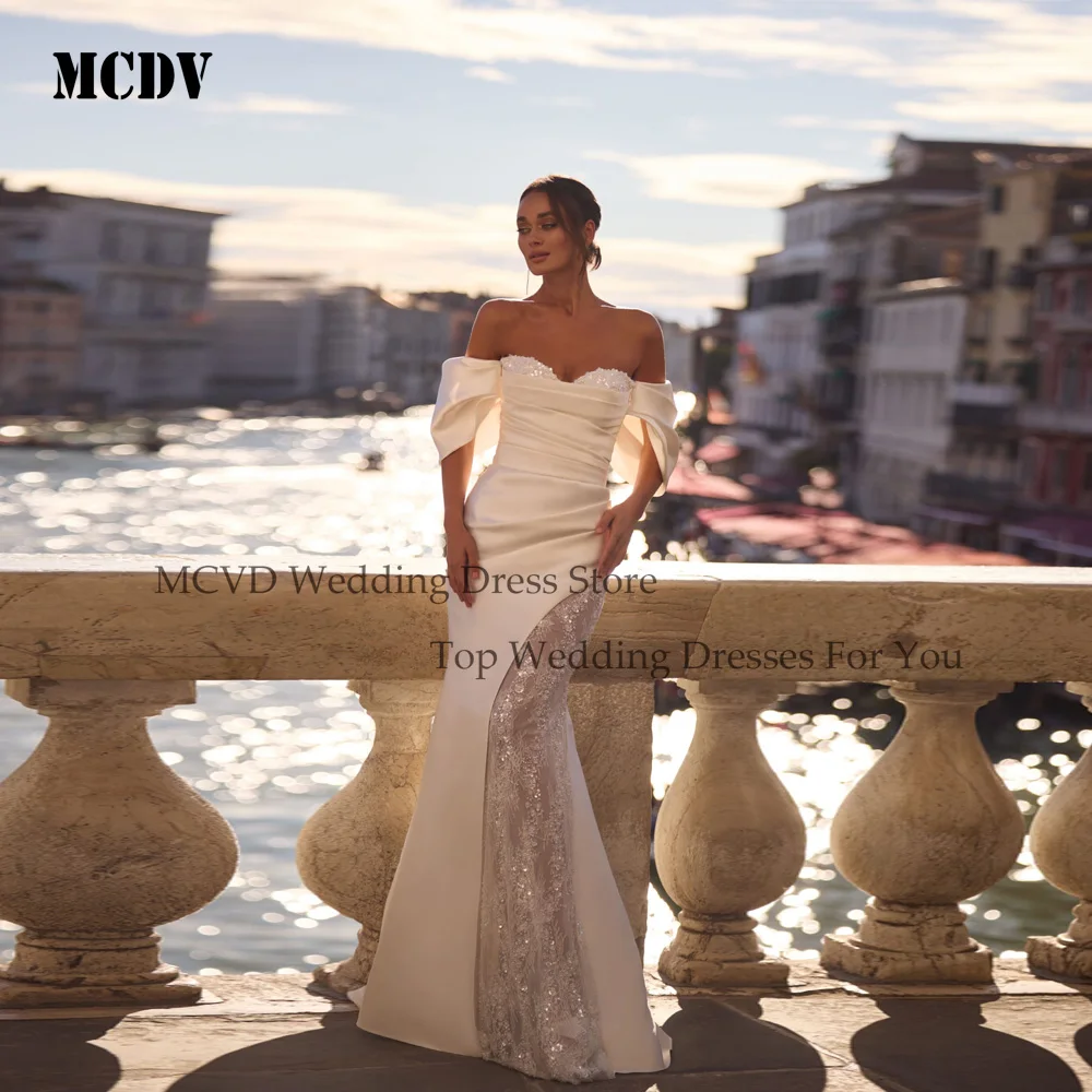 

MCDV Sequined Mermaid Wedding Dresses Luxury Bridal Off Shoulder Satin Detachable Train Backless vestidos de novia Customized