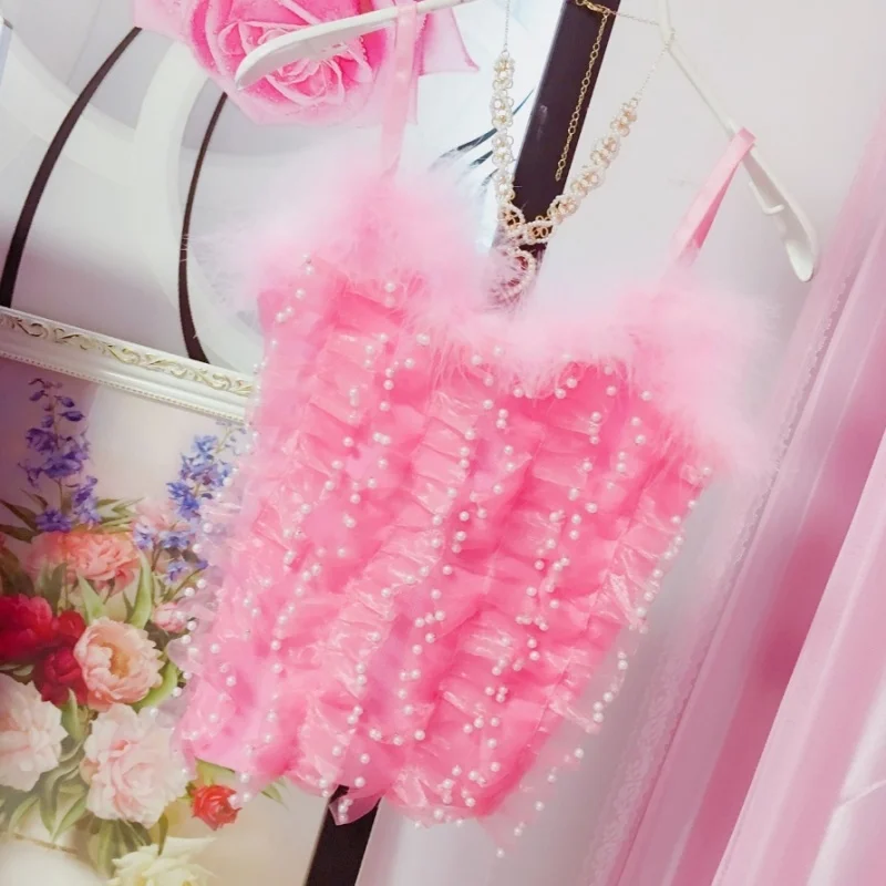 

Sexy Girl Pink Crop Tops Sexy Suspenders Vest Sissy Sweet Cute Bow Lace Ruffled Tops Party Cross-dressing Camisole Tops