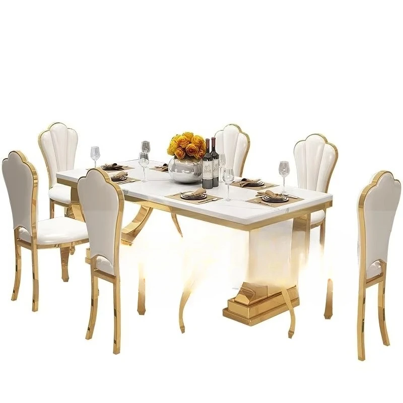 

Modern 6-Seat Marble Dining Table Set with Leather Chairs - Stainless Steel Frame for Hotel and Family Kitchens