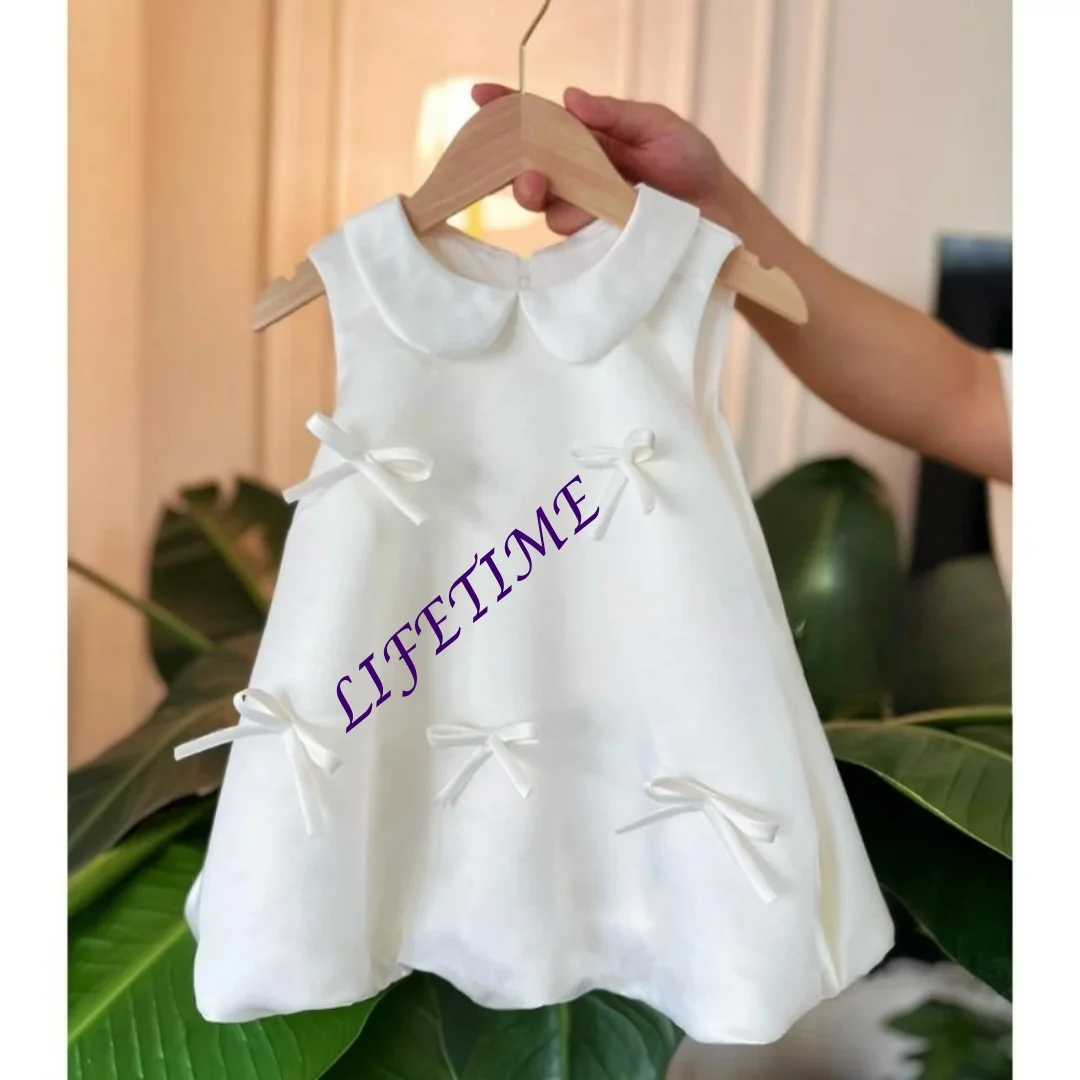 맞춤형 새 흰색 스위트 보우 여아 드레스 일상복 클래식 원넥 민소매 키즈 새틴 프린세스 가운 80-160cm 출생용