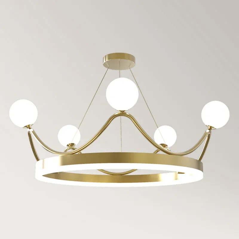 Modern Crown Brass Chandelier Lovely Ring Lustre Kids Children's Room Living Room Bedroom Pendant Light Nordic Globe Chandelier