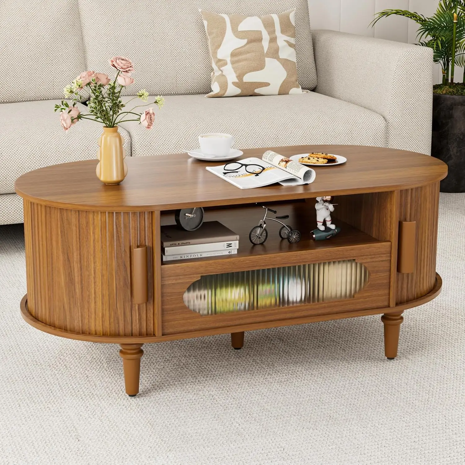 

Fluted Oval Coffee Table For Living Room, Wood Round Coffee Table With Storage, Low Small Center Tables With Drawer, Sliding Doo