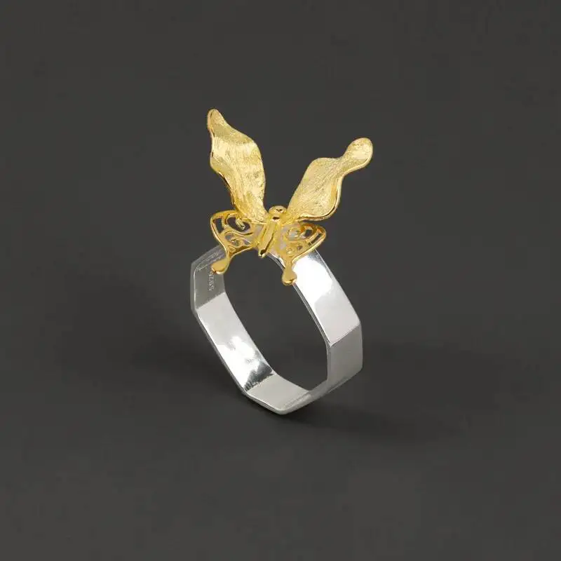 GEEZENCA 925 Sterling Silver Two Tone 3D Butterfly Ring For Women Clearance Limited Stock First Come First Get