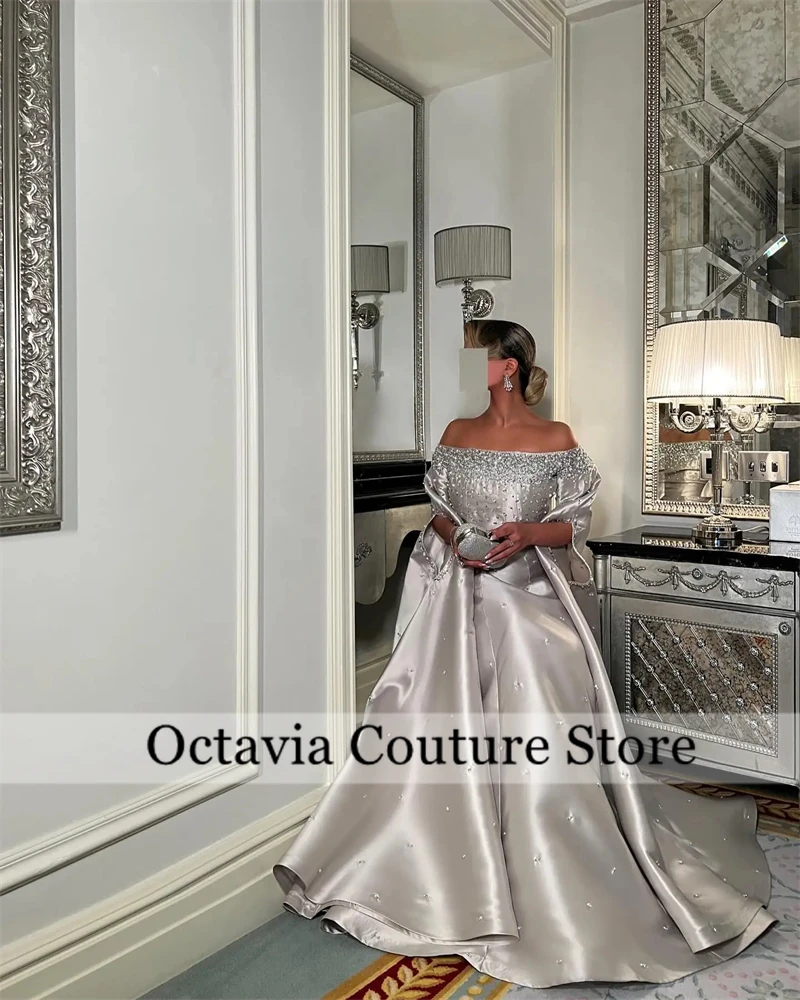 

Customized Beading Evening Dress A-line Off-the-shoulder Bespoke Occasion Prom Gown Long Dresses Saudi Arabia فستان وردي