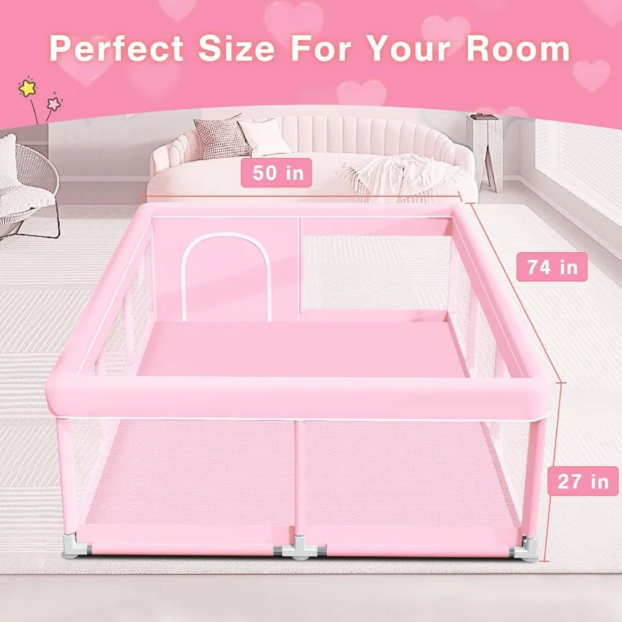 Box per bambini rosa Parco per bambini da 74x50 pollici per cortili da gioco della piccola principessa Penna da gioco per bambina di sicurezza robusta per interni ed esterni con Sof