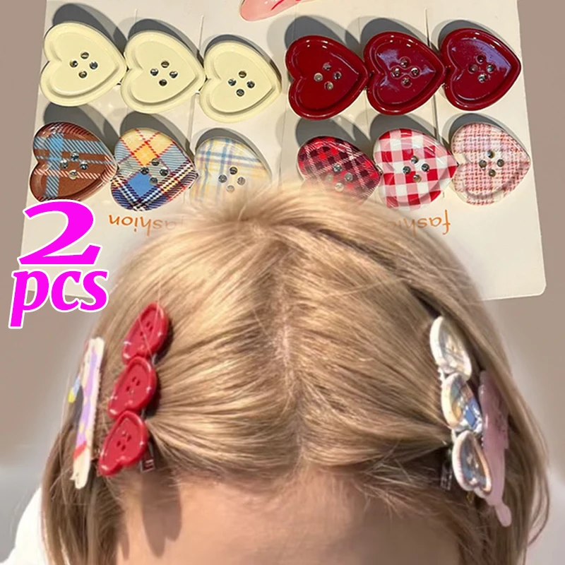 

Plaid Button Hair Clip Cute Heart Shape Hairpins Barrettes Korean BB Side Bang Duckbill Clip Hair Accessories for Daily Casual
