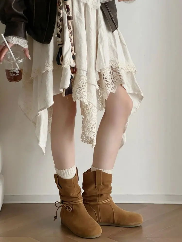 Boho-Inspired Double-Layered Asymmetric Beige Skirt with Delicate Lace Trims A Fusion of Romantic Layers High Quality Sweet Girl
