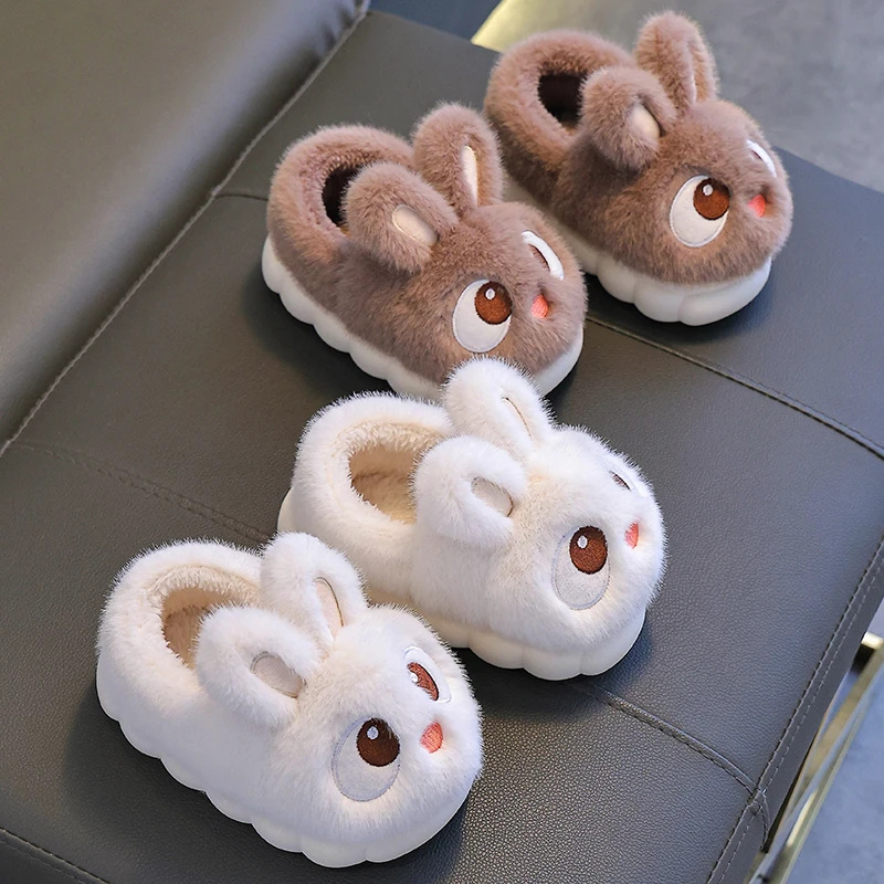 New Winter Cute Big eyed Rabbit Children\'s Cover Heel Warm Non-slip Fluffy Slippers For Girls Boys Kids Indoor Home Cotton Shoes