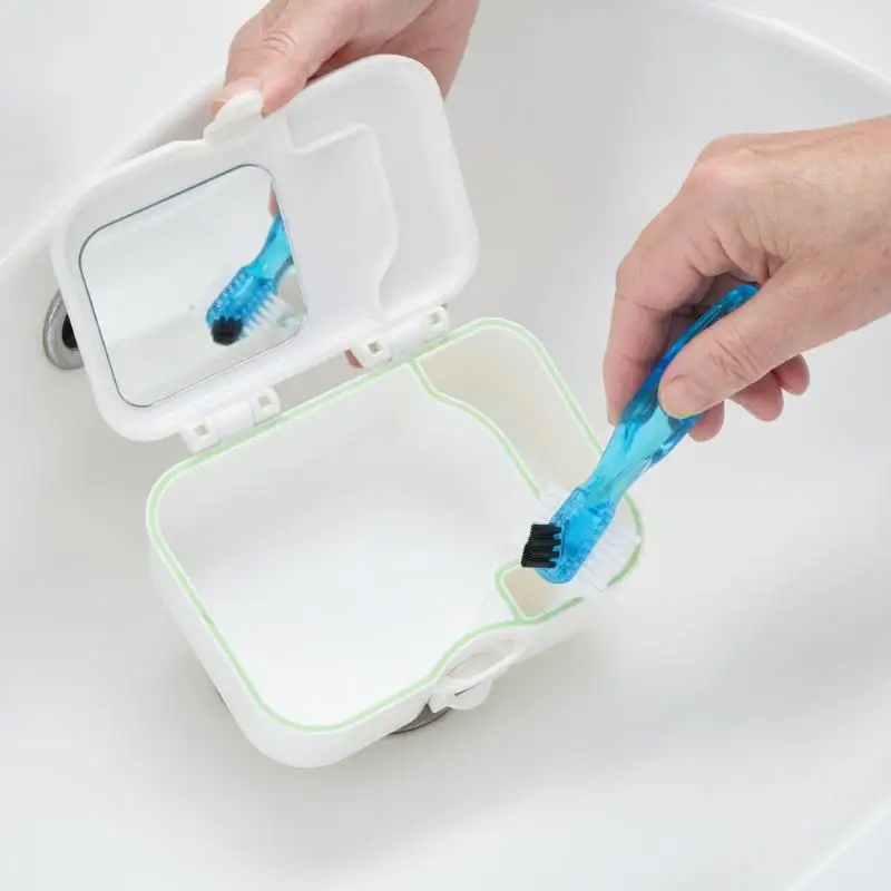 Sturdy Denture Storage Container Kit with Mirror Cleaning Brush Non-Toxic for Daily Use Travel Gift for Elderly