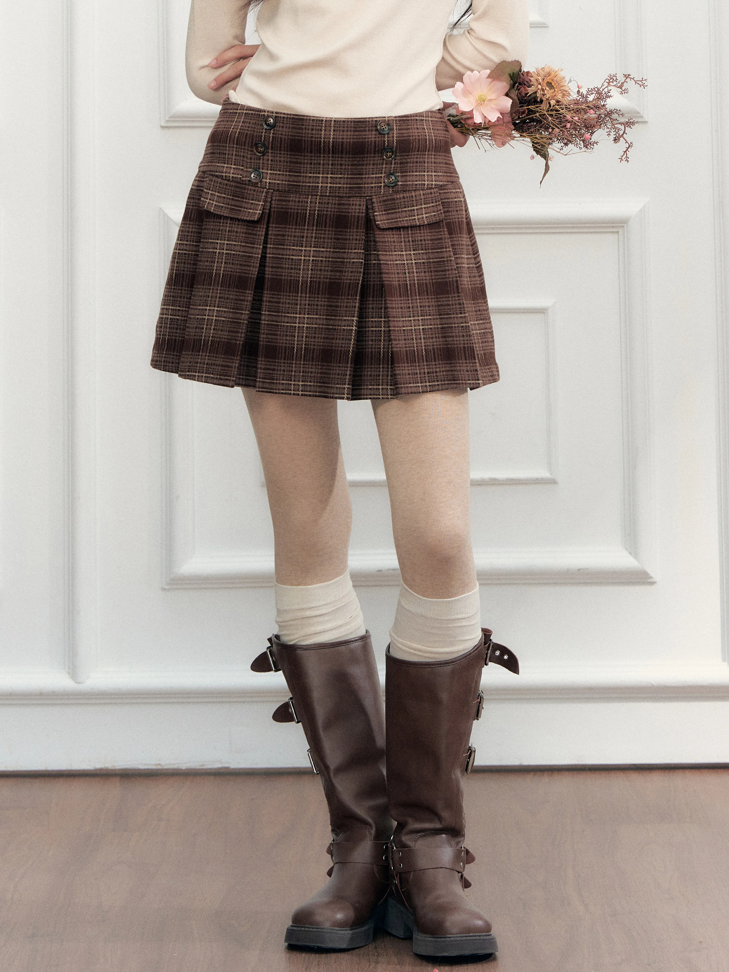 Retro College Plaid Half Skirt Double Buttoned A-Line Skirt Versatile City Commute Daily Travel Campus Wool Polyester Blend