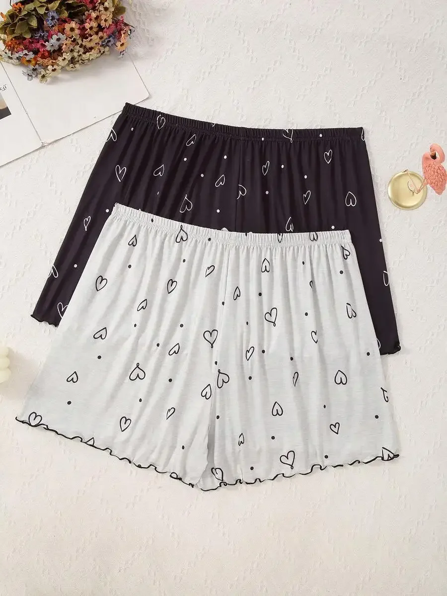 

2pcs Plus Size Women Heart Print Knit Pajama Shorts