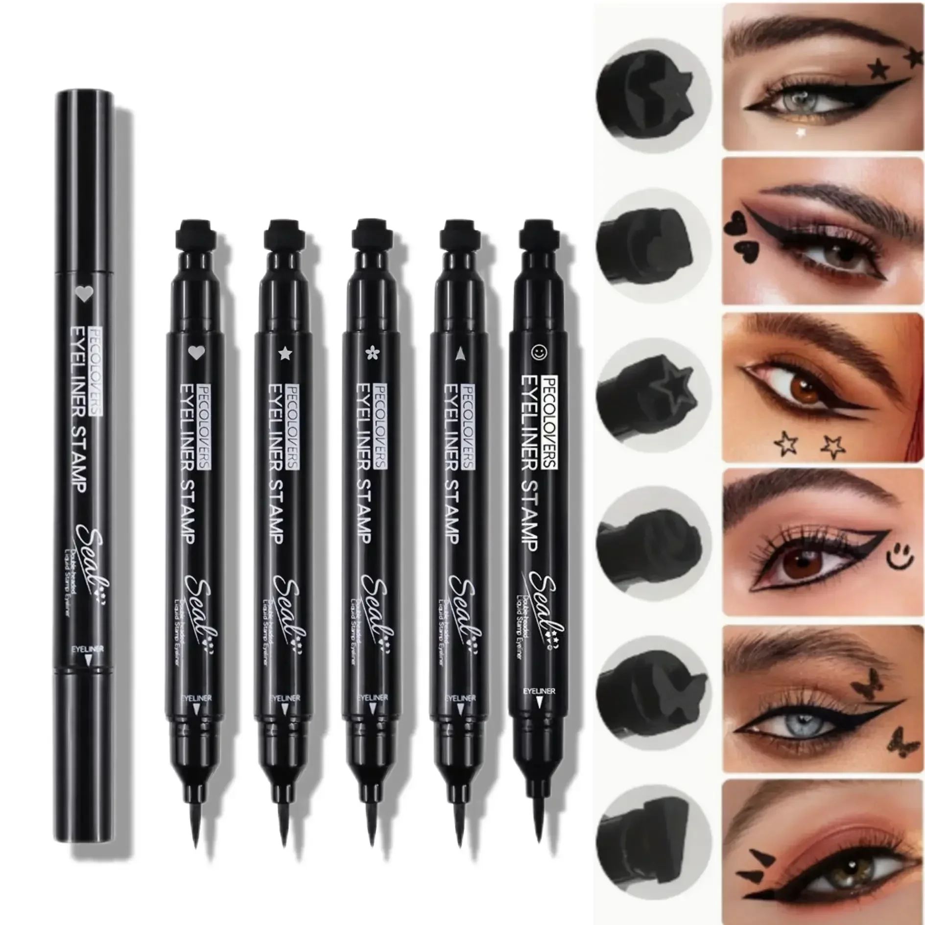 Delineador à prova d'água de ponta dupla de secagem rápida, delineador líquido preto incluindo com caneta de carimbo em forma de coração, borboleta e estrela