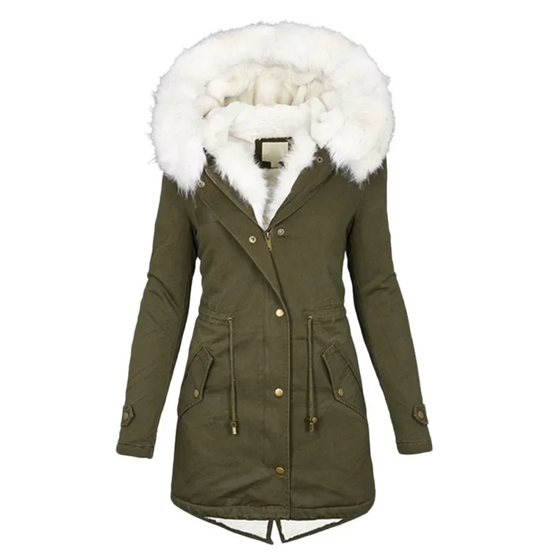 2023 New Autumn and Winter Mid length Windbreaker White Fur Collar Hooded Warm Plush Women's Coat Women's Windproof Coat