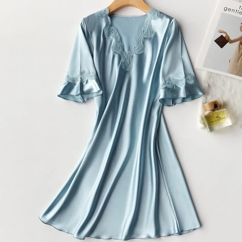 Silky Satin Women Nightgown Oversize Sleepwear Casual Nightdress Summer New Sleep Shirt Sexy Nightshirt Female Home Dress