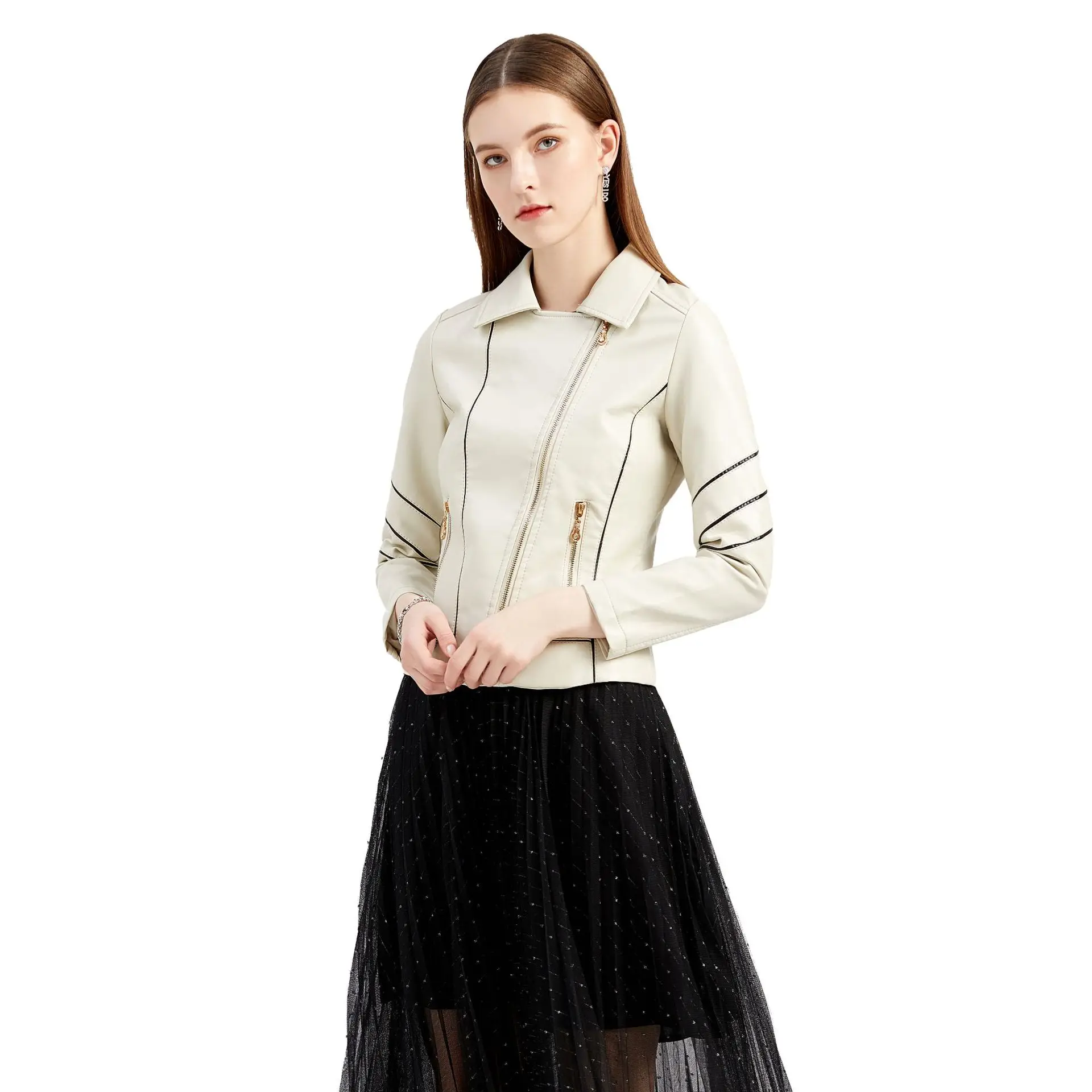 سترات نسائية من جلد البولي يوريثان معطف قصير بياقة مقلوبة ملابس خروج معطف نسائي بسحاب للربيع والخريف ملابس خارجية لسائقي الدراجات النارية