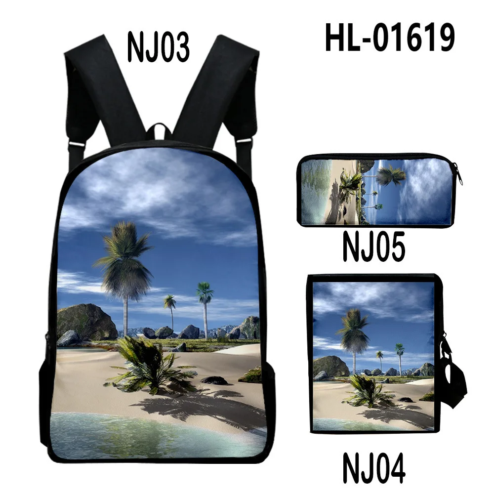 Harajuku Youthful Summer Seaside Scenery 3D Print 3pcs/Set Student Travel bags Laptop Daypack Backpack Shoulder Bag Pencil Case