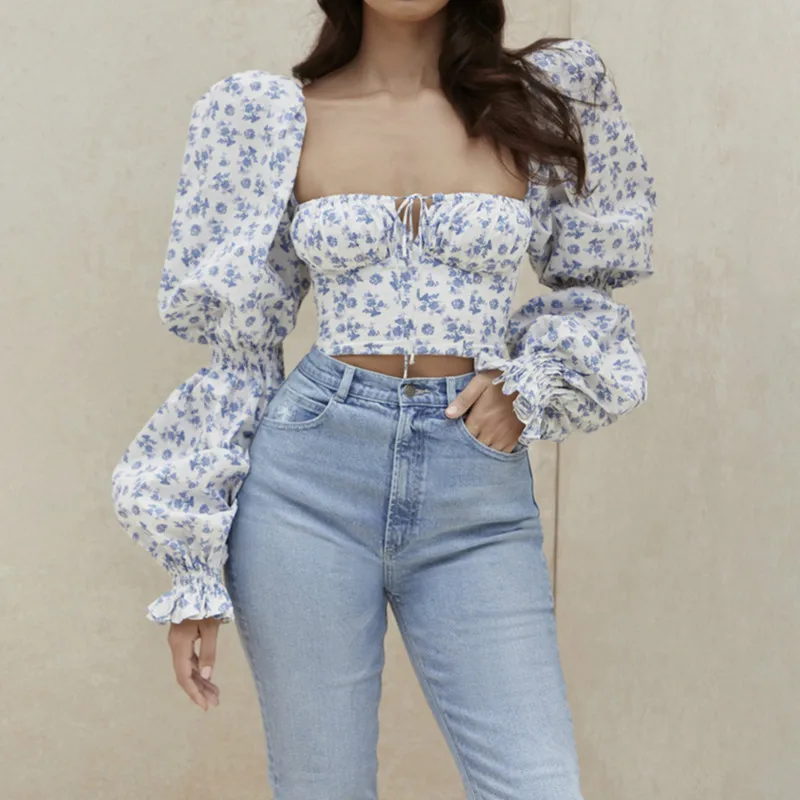 2021 New Elegant Chic Lady  Floral Puff Sleeve Blouse Fashion Long Square Collar Lace-up Crop Tops Women Flowes Slim Fit Blouse