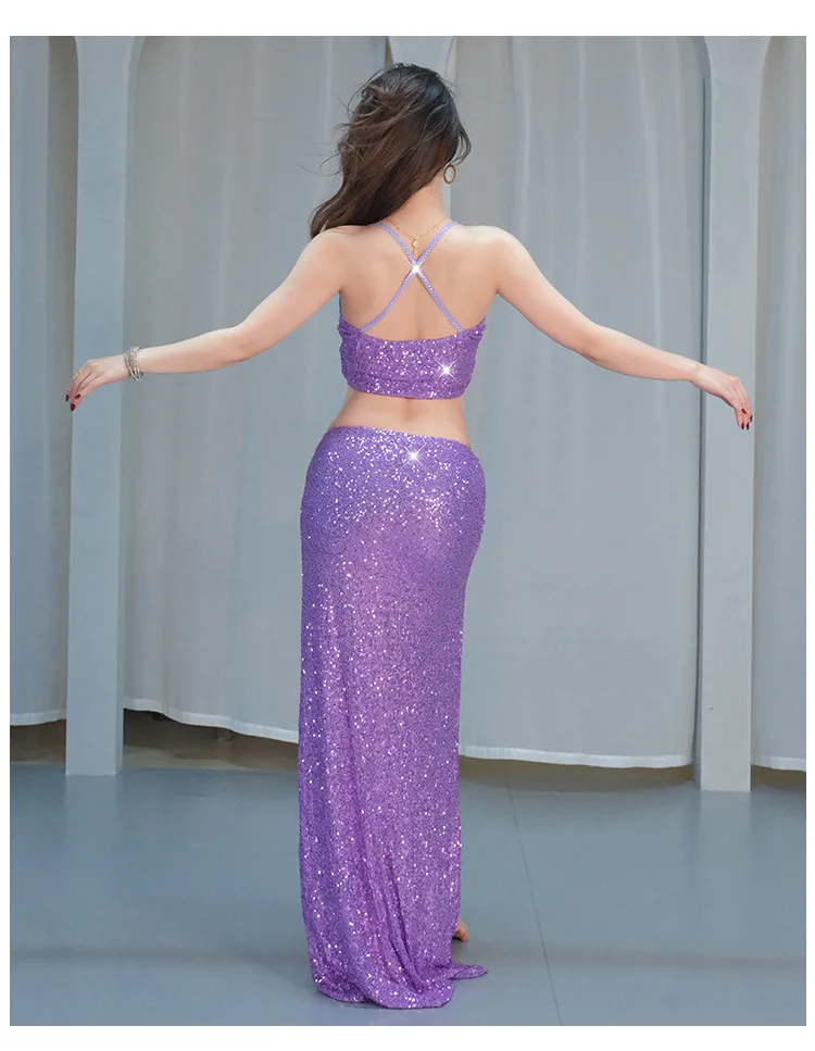 Buikdanskostuums Set voor Vrouwen Lotusblad Lint Danskleding Top + Rok Lange Mouw Outfits Stage Performance Kleding Pak