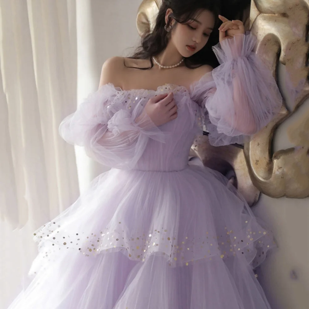 

Romantic Party Gowns A Line Customized Tulle Beaded Prom Dresses Strapless Tiered Evening Dress New Arrival فساتين سهرة