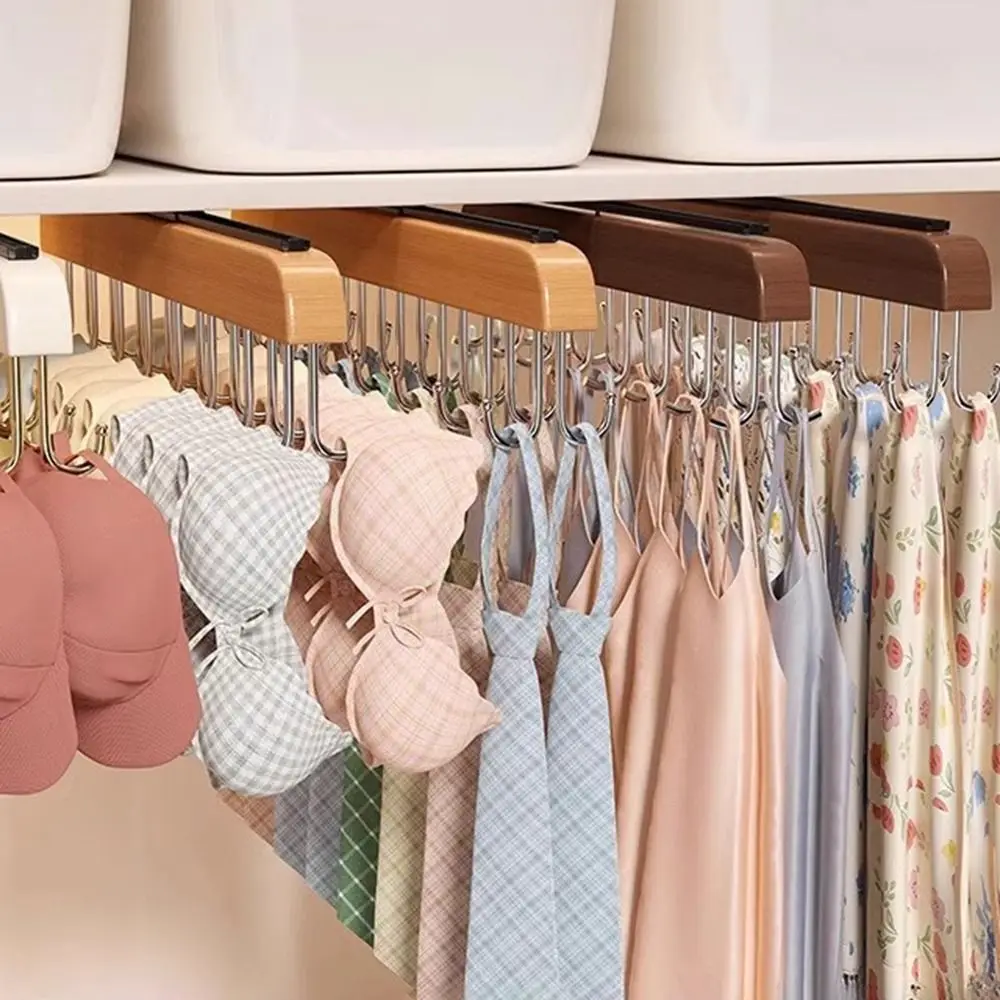 

Wood Retractable Clothes Drying Rack Wall Mounted Large Capacity Underwear Storage Hanger Space Saving Pull Out Double-Row Hook