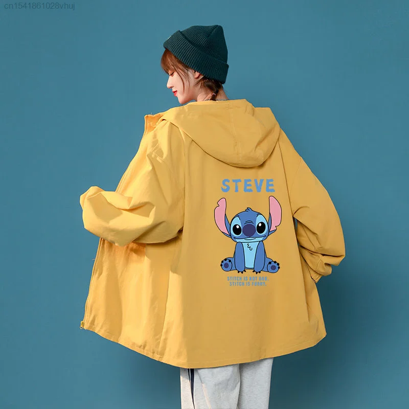 Disney Cartoon Stitch Bomber Jacket For Girls Trendy Oversized Outerwear Student Hooded Jacket Y 2k Hip Hop Black Cardigan Coats